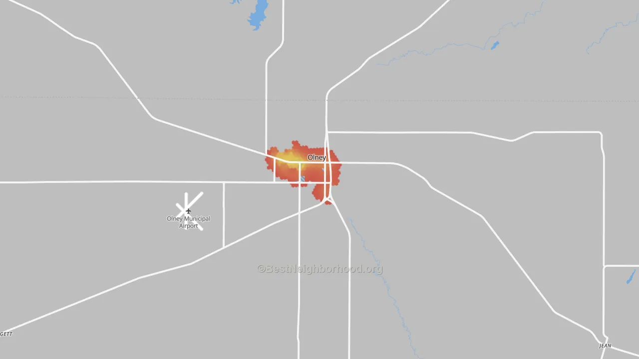 Walk Grade map of 76374, TX, walkable areas in green and car-dependent areas in red