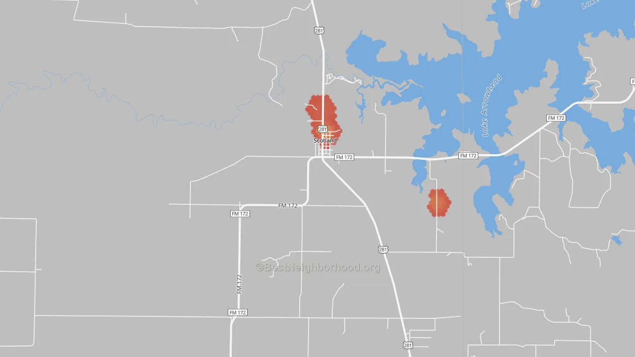 Walk Grade map of 76379, TX, walkable areas in green and car-dependent areas in red