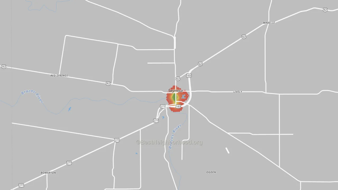 Walk Grade map of 76380, TX, walkable areas in green and car-dependent areas in red