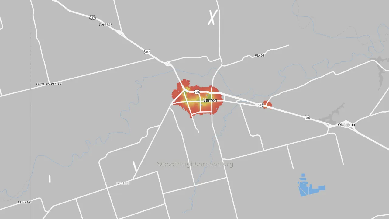 Walk Grade map of 76384, TX, walkable areas in green and car-dependent areas in red