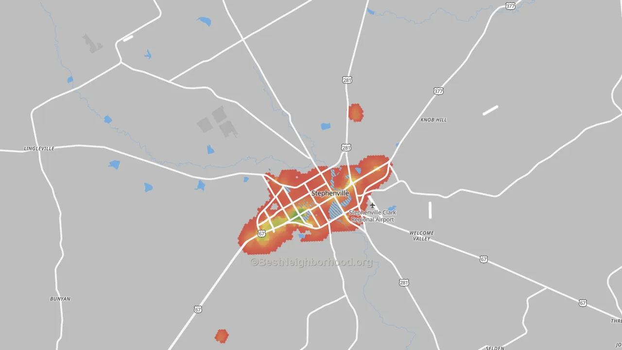 Walk Grade map of 76401, TX, walkable areas in green and car-dependent areas in red