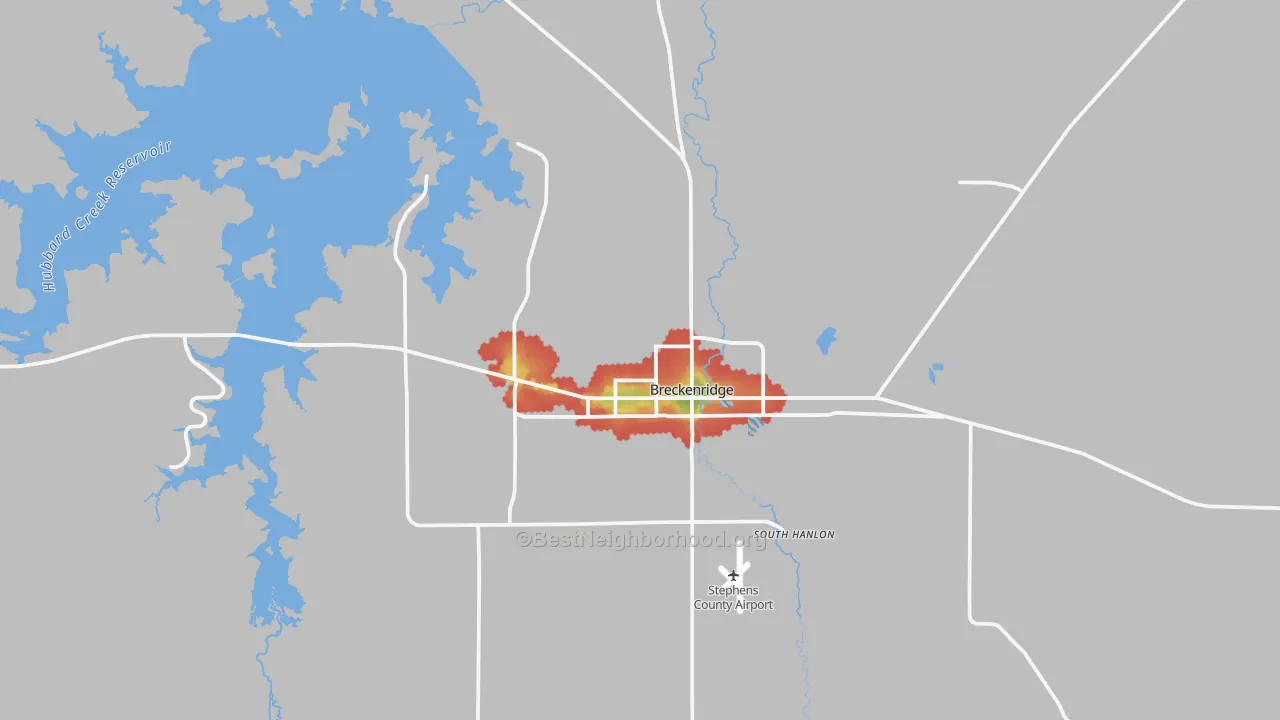 Walk Grade map of 76424, TX, walkable areas in green and car-dependent areas in red