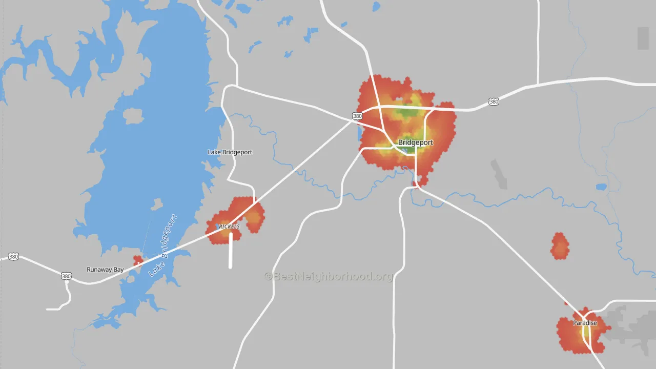 Walk Grade map of 76426, TX, walkable areas in green and car-dependent areas in red