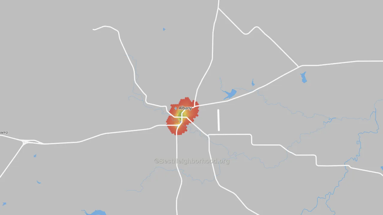Walk Grade map of 76430, TX, walkable areas in green and car-dependent areas in red