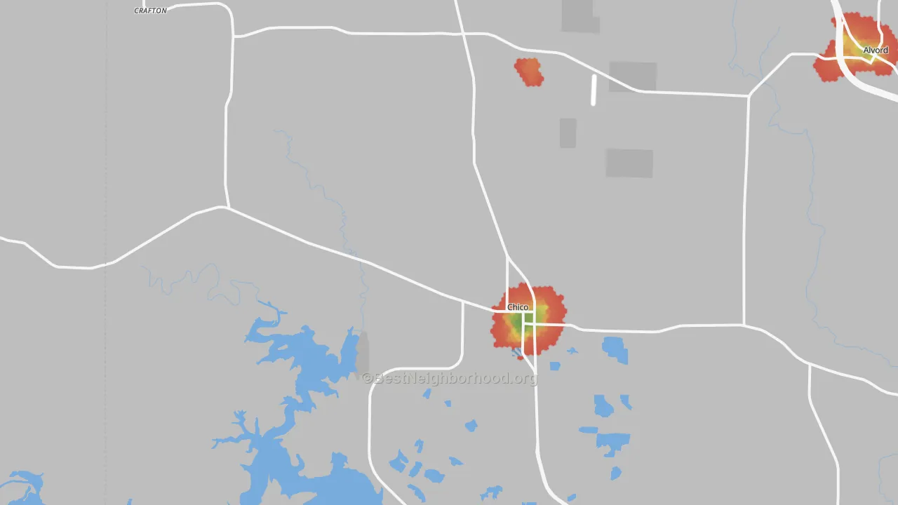 Walk Grade map of 76431, TX, walkable areas in green and car-dependent areas in red