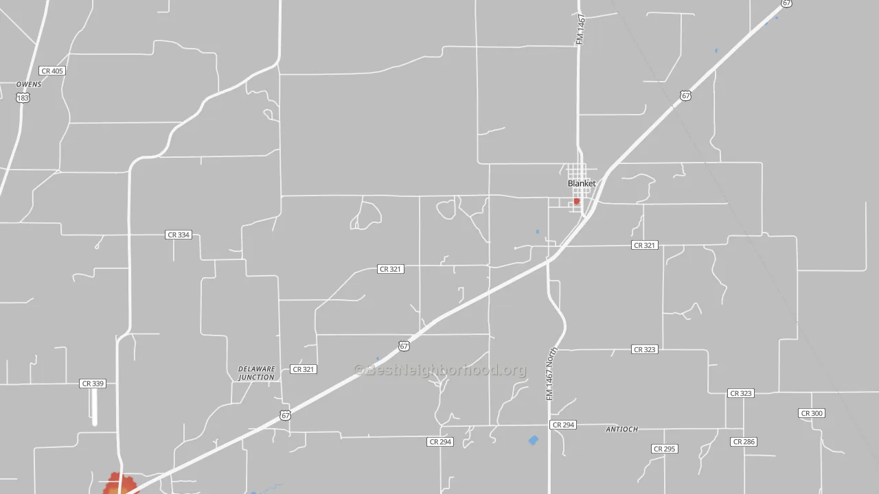 Walk Grade map of 76432, TX, walkable areas in green and car-dependent areas in red