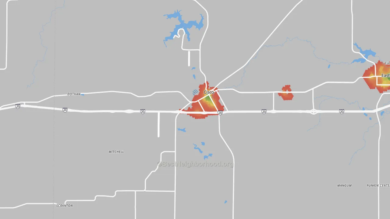 Walk Grade map of 76437, TX, walkable areas in green and car-dependent areas in red