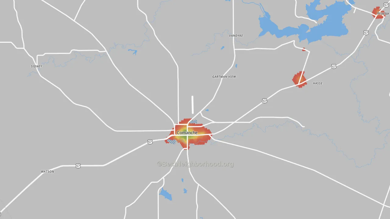 Walk Grade map of 76442, TX, walkable areas in green and car-dependent areas in red