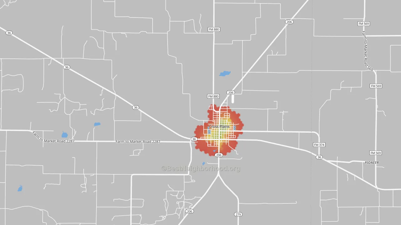 Walk Grade map of 76443, TX, walkable areas in green and car-dependent areas in red