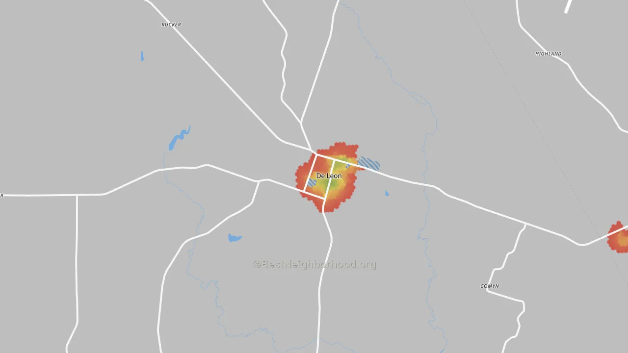 Walk Grade map of 76444, TX, walkable areas in green and car-dependent areas in red