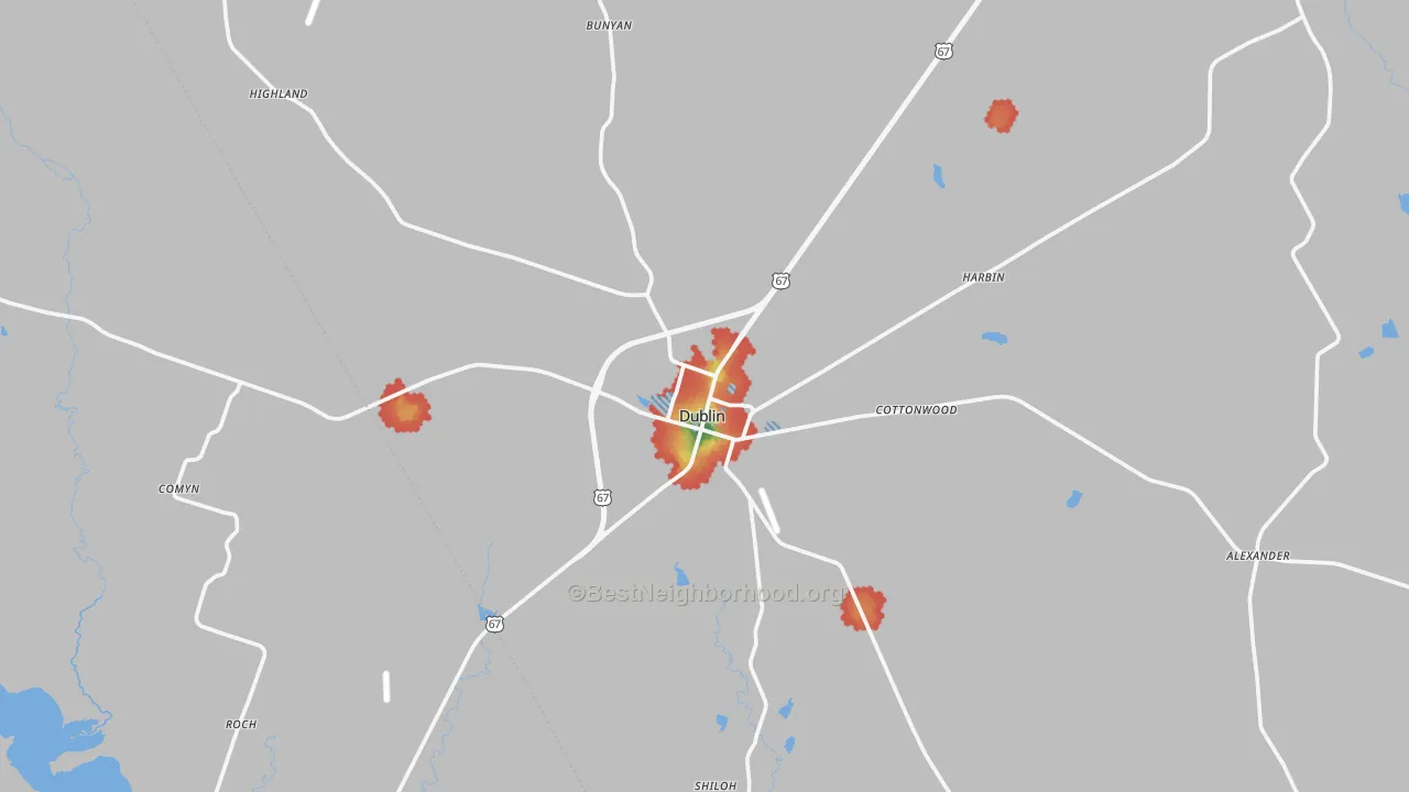 Walk Grade map of 76446, TX, walkable areas in green and car-dependent areas in red