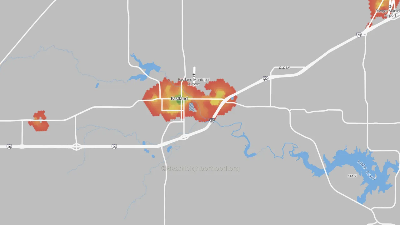 Walk Grade map of 76448, TX, walkable areas in green and car-dependent areas in red
