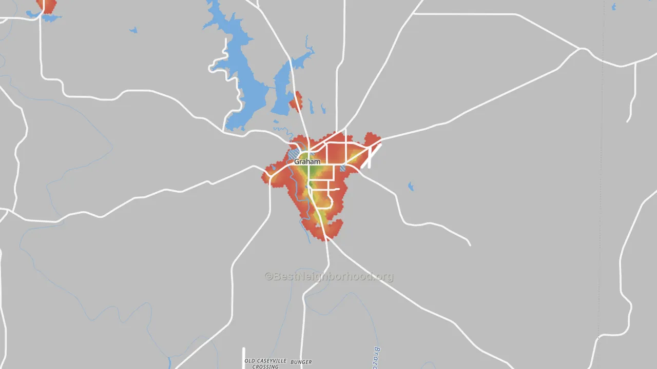 Walk Grade map of 76450, TX, walkable areas in green and car-dependent areas in red