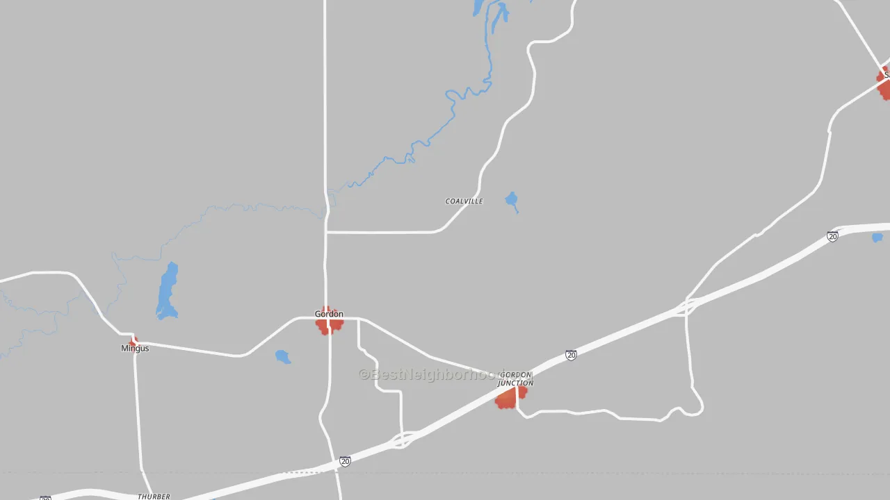 Walk Grade map of 76453, TX, walkable areas in green and car-dependent areas in red