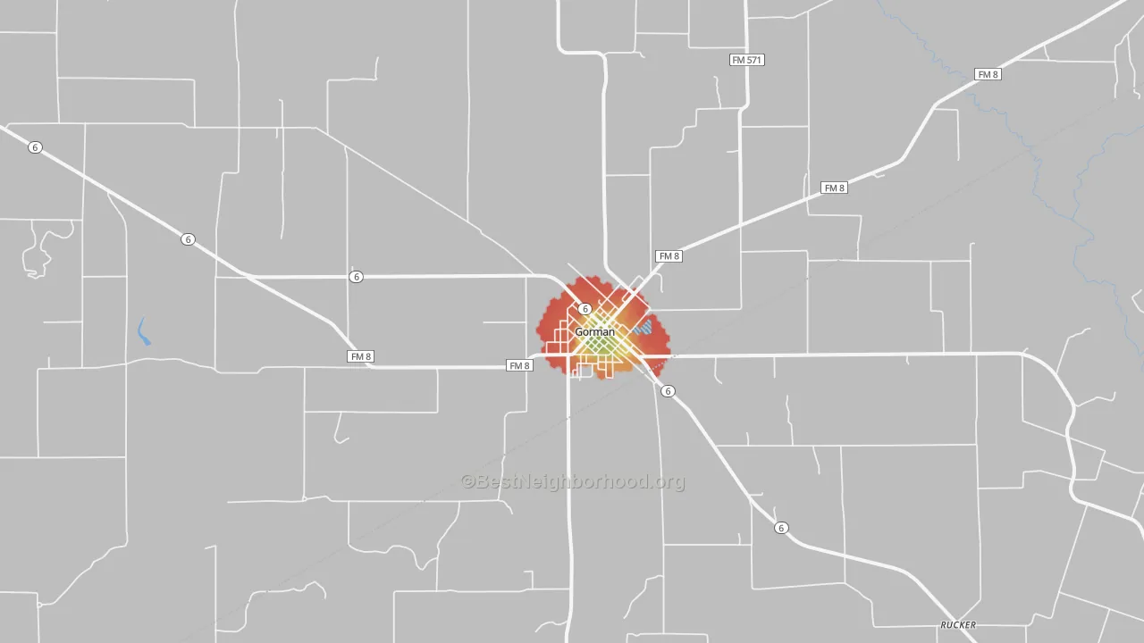 Walk Grade map of 76454, TX, walkable areas in green and car-dependent areas in red