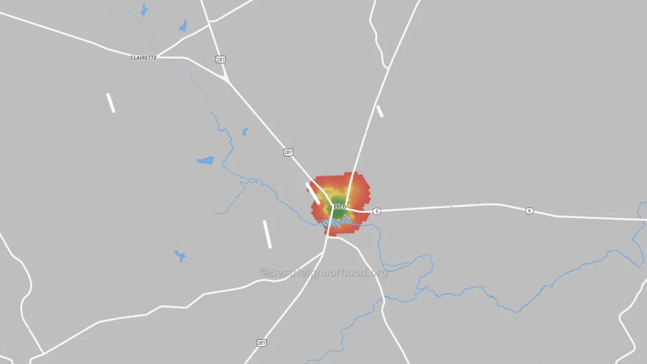 Walk Grade map of 76457, TX, walkable areas in green and car-dependent areas in red