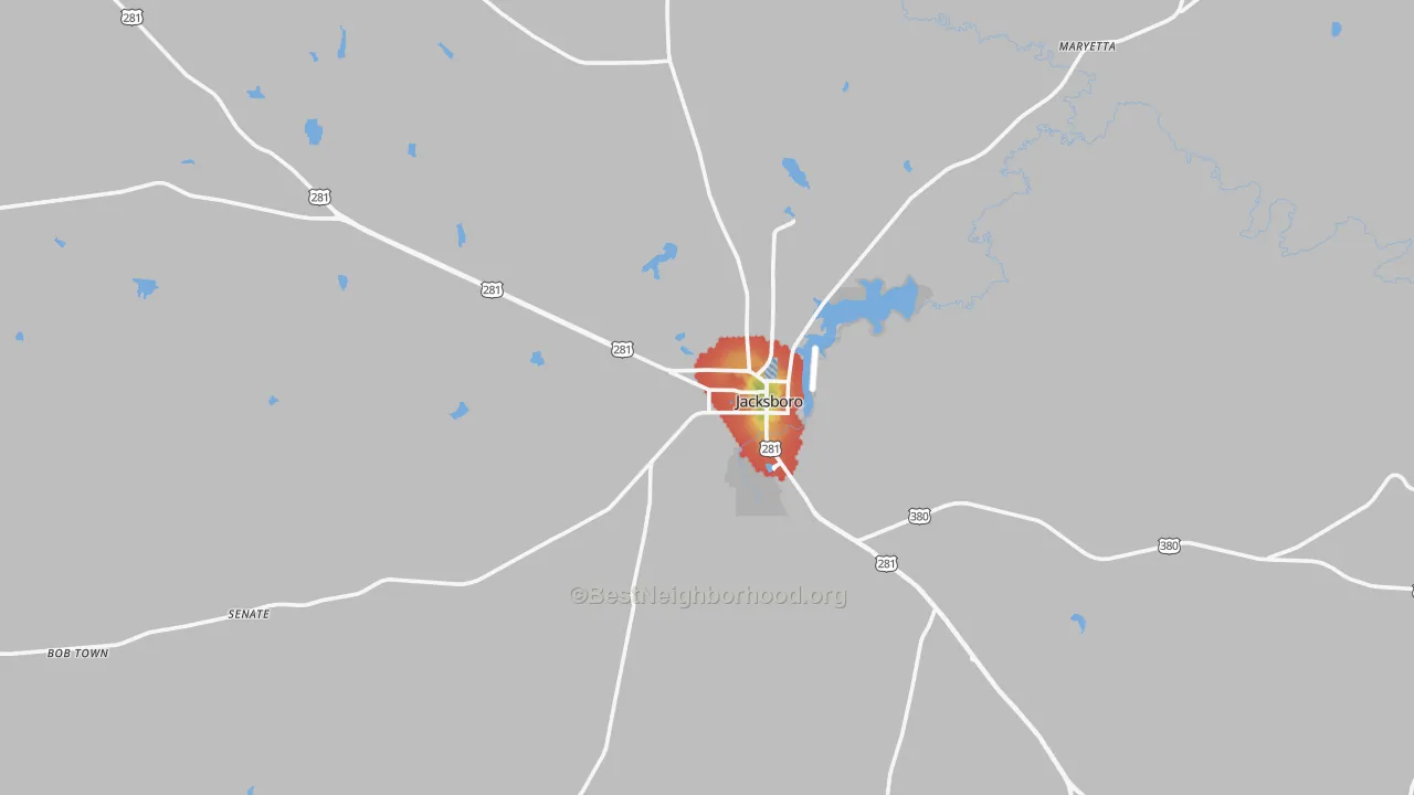 Walk Grade map of 76458, TX, walkable areas in green and car-dependent areas in red