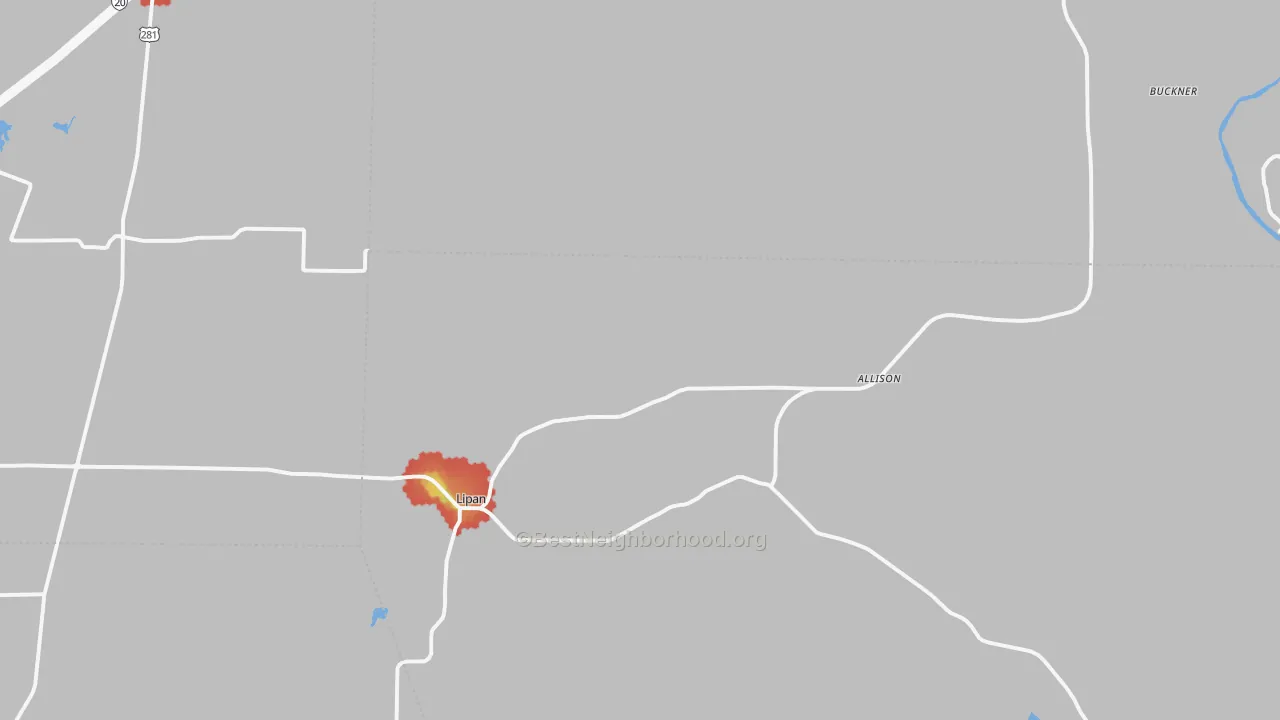 Walk Grade map of 76462, TX, walkable areas in green and car-dependent areas in red