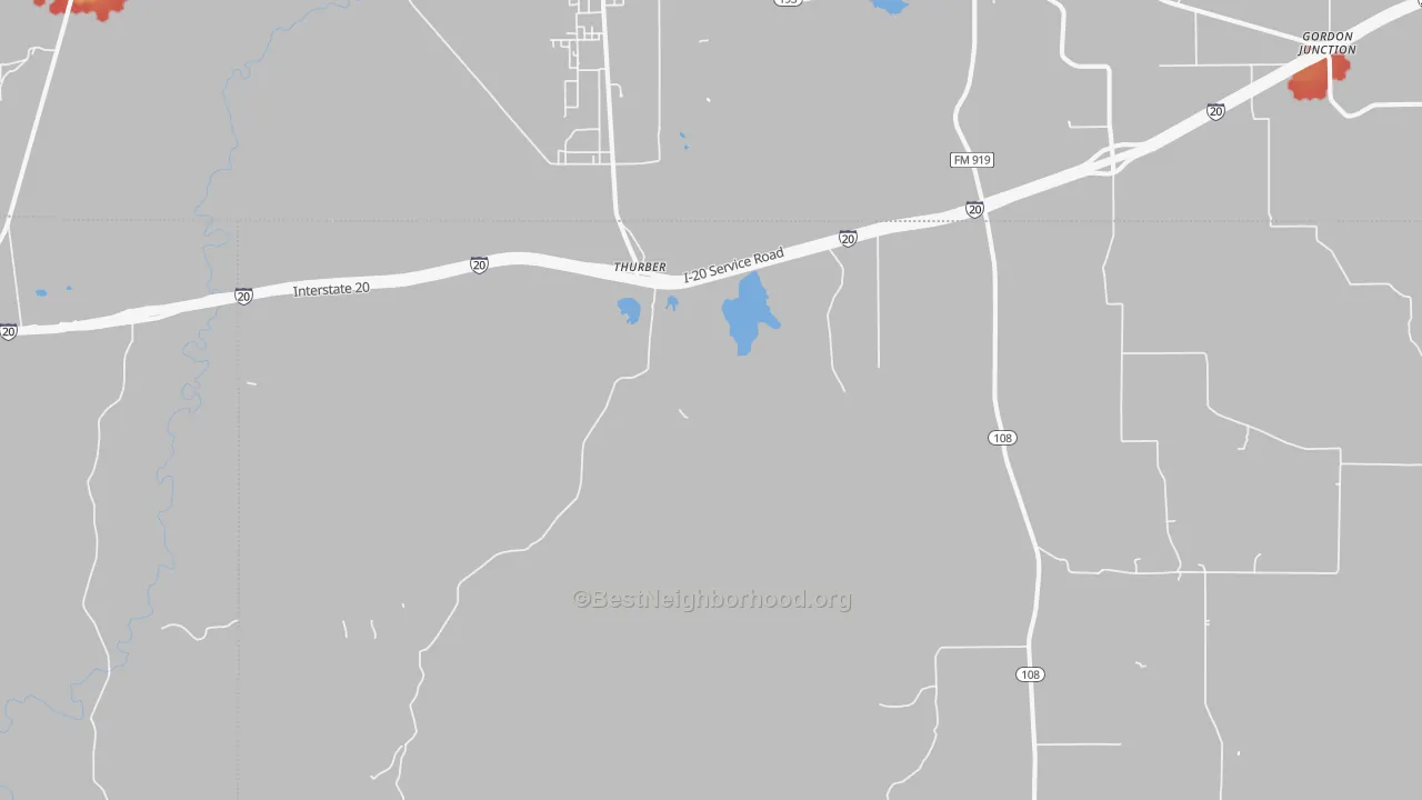 Walk Grade map of 76463, TX, walkable areas in green and car-dependent areas in red