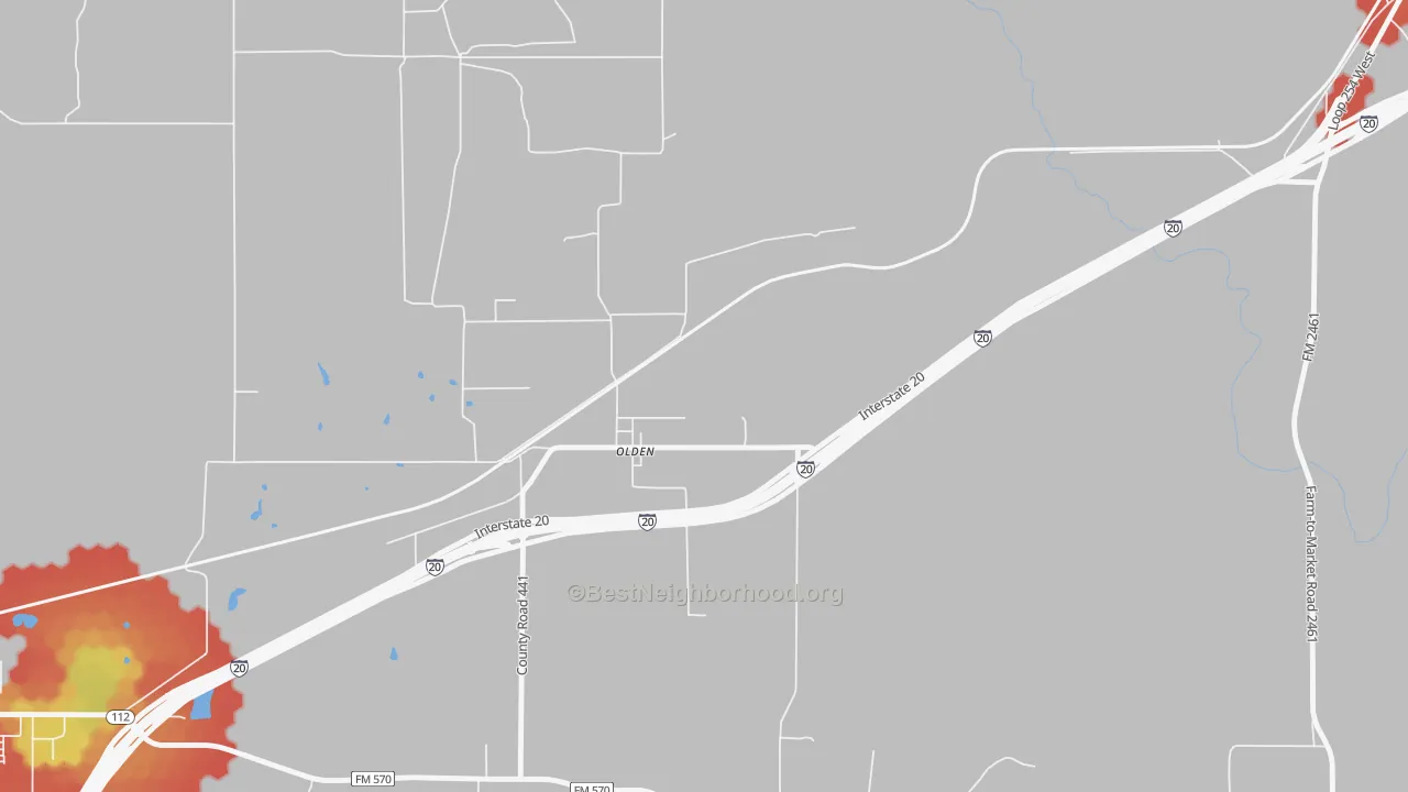 Walk Grade map of 76466, TX, walkable areas in green and car-dependent areas in red