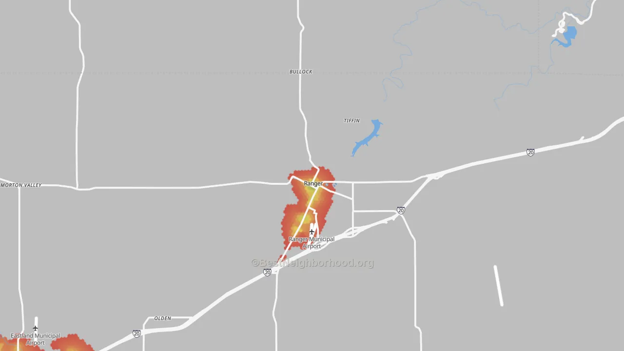 Walk Grade map of 76470, TX, walkable areas in green and car-dependent areas in red