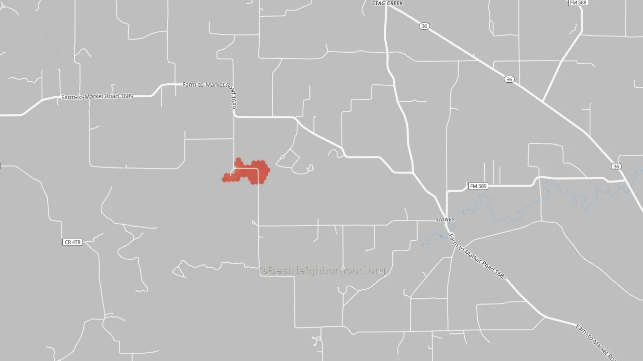 Walk Grade map of 76474, TX, walkable areas in green and car-dependent areas in red