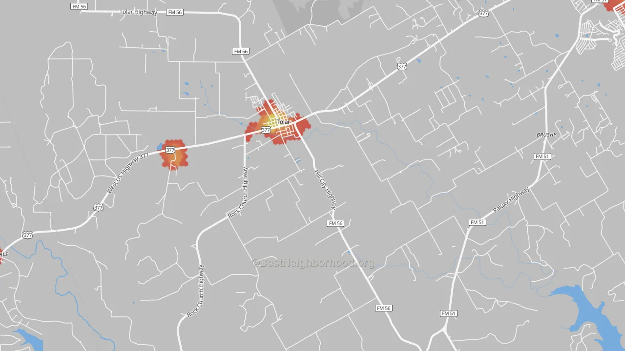Walk Grade map of 76476, TX, walkable areas in green and car-dependent areas in red