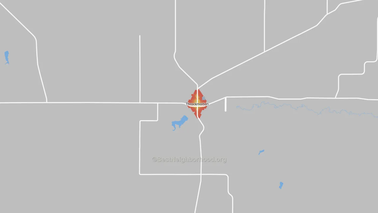 Walk Grade map of 76483, TX, walkable areas in green and car-dependent areas in red