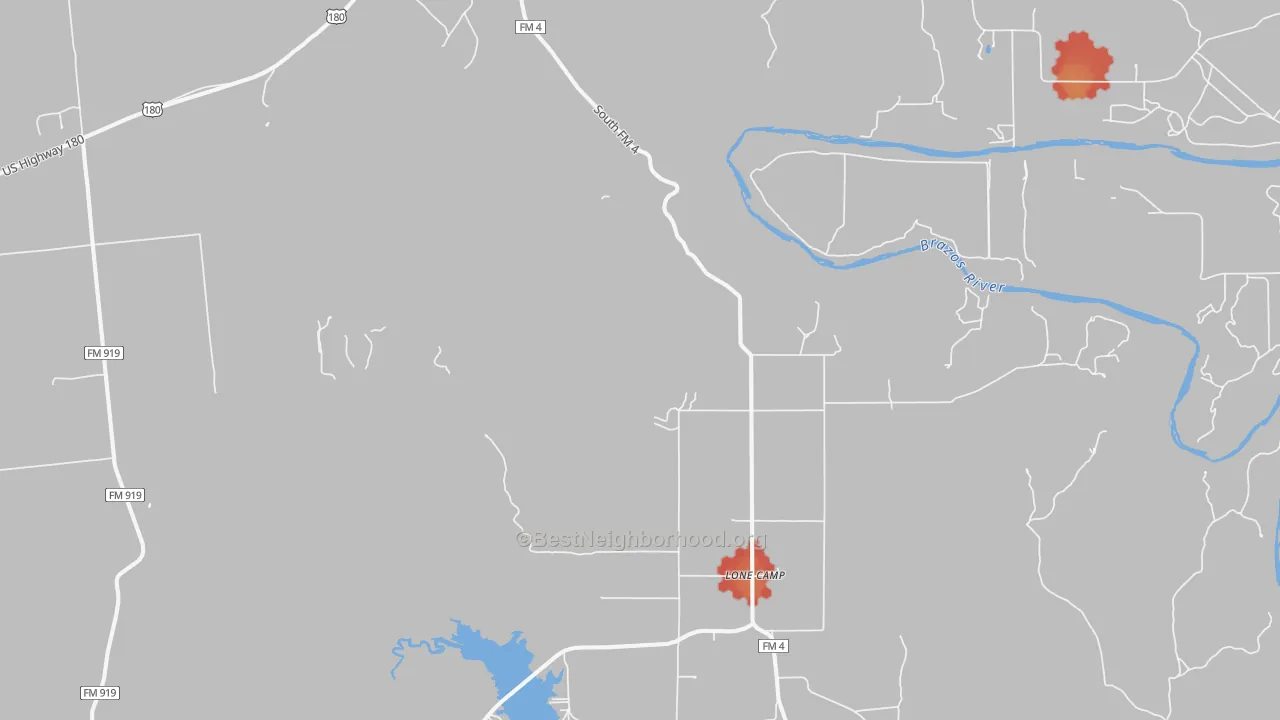 Walk Grade map of 76484, TX, walkable areas in green and car-dependent areas in red