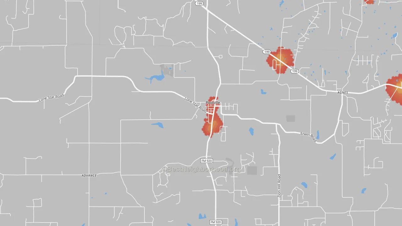 Walk Grade map of 76487, TX, walkable areas in green and car-dependent areas in red
