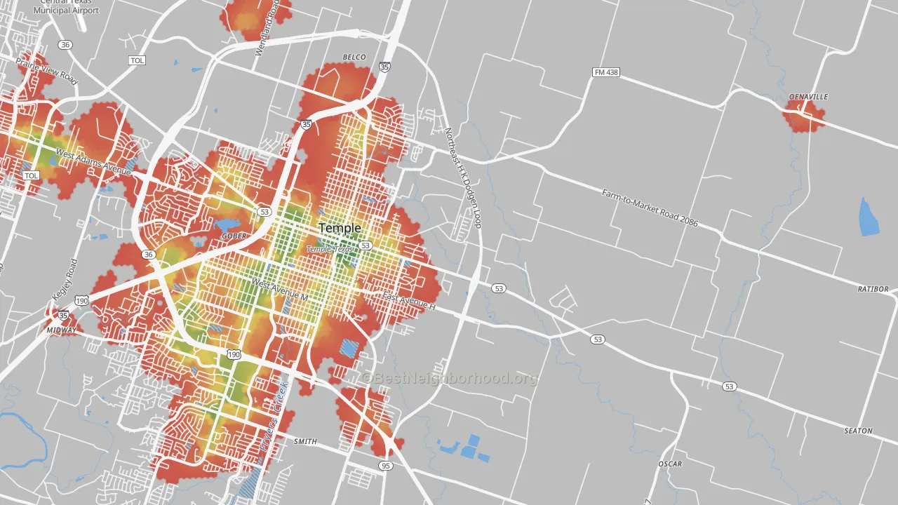 Walk Grade map of 76501, TX, walkable areas in green and car-dependent areas in red