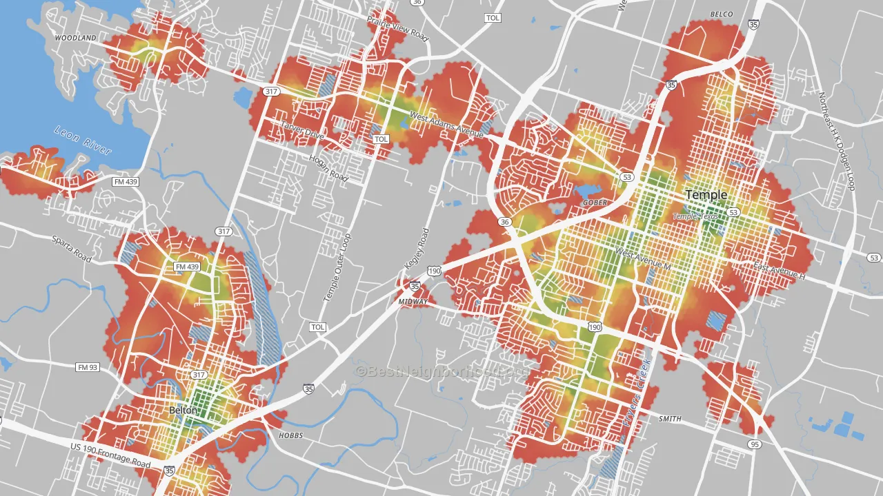 Walk Grade map of 76502, TX, walkable areas in green and car-dependent areas in red