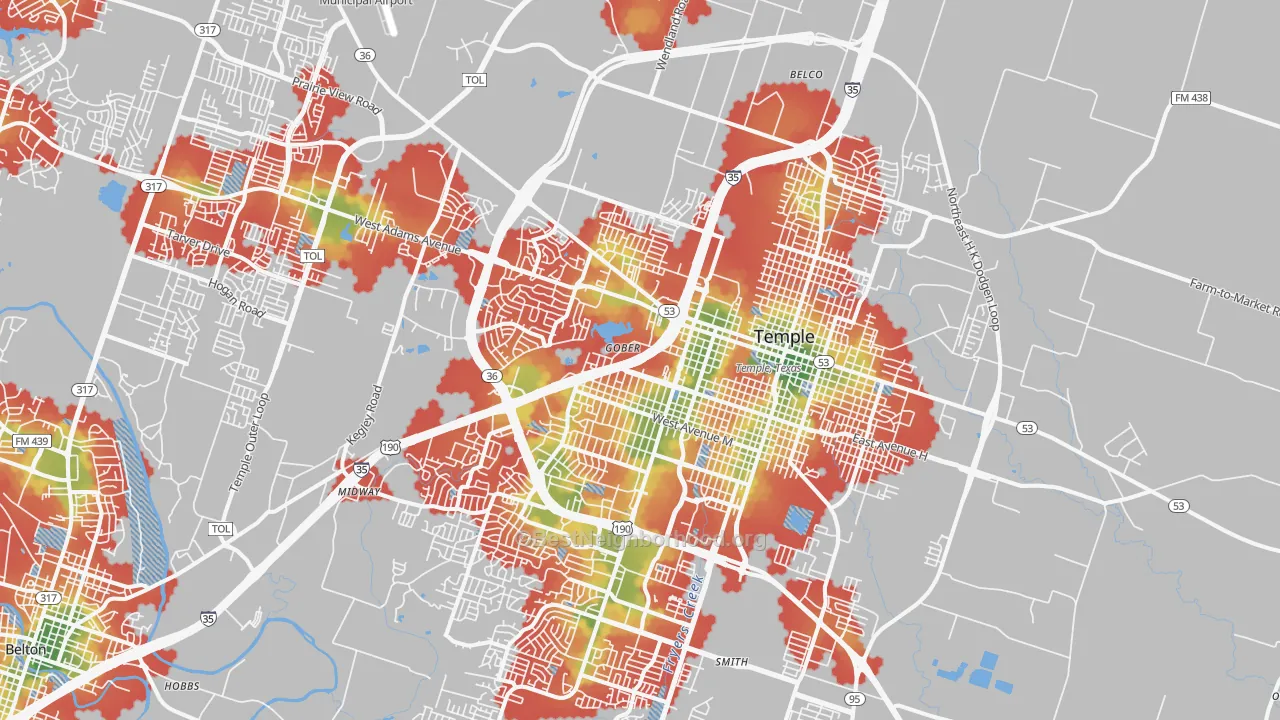 Walk Grade map of 76504, TX, walkable areas in green and car-dependent areas in red