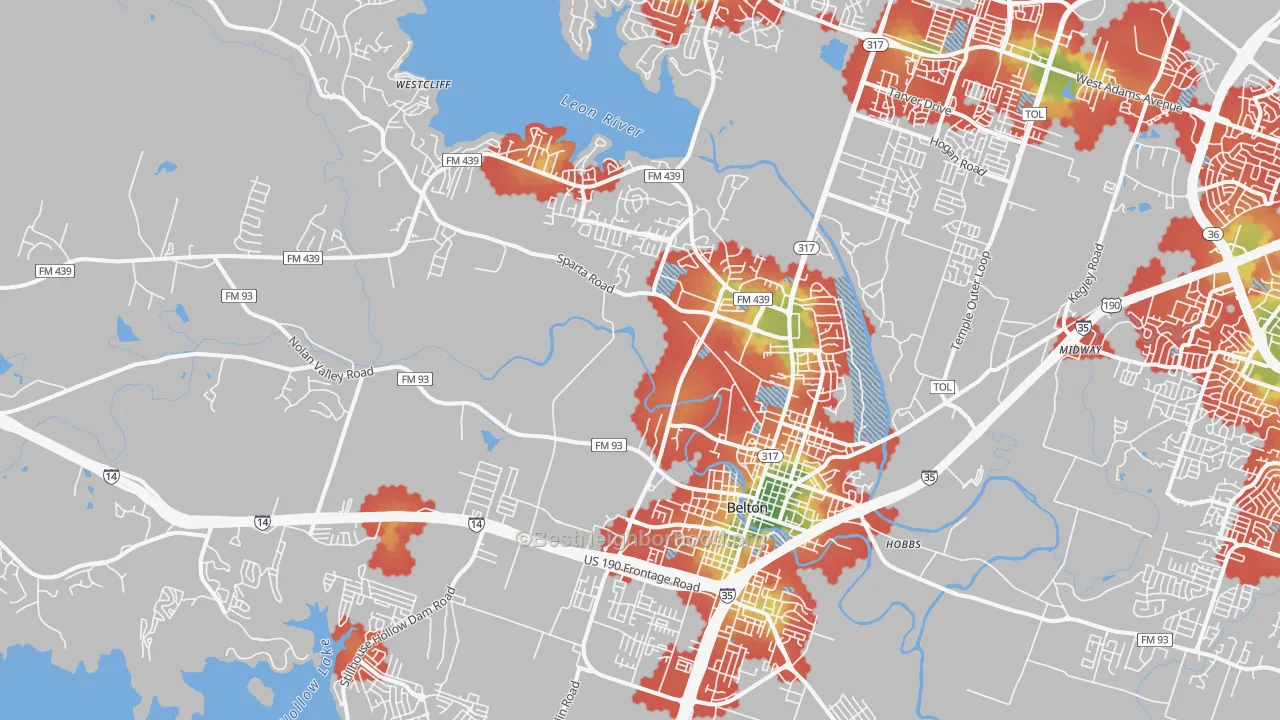 Walk Grade map of 76513, TX, walkable areas in green and car-dependent areas in red