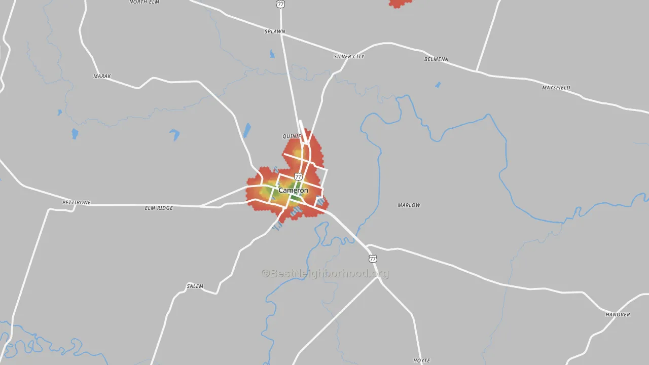 Walk Grade map of 76520, TX, walkable areas in green and car-dependent areas in red