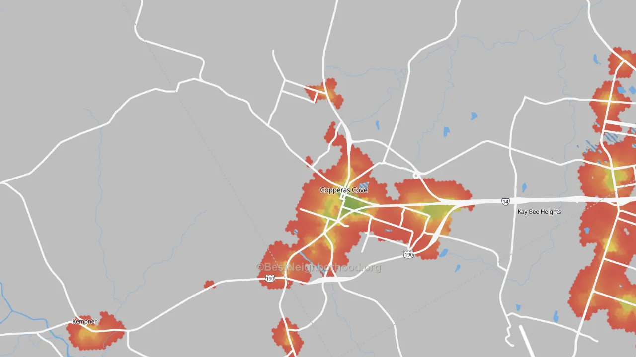 Walk Grade map of 76522, TX, walkable areas in green and car-dependent areas in red