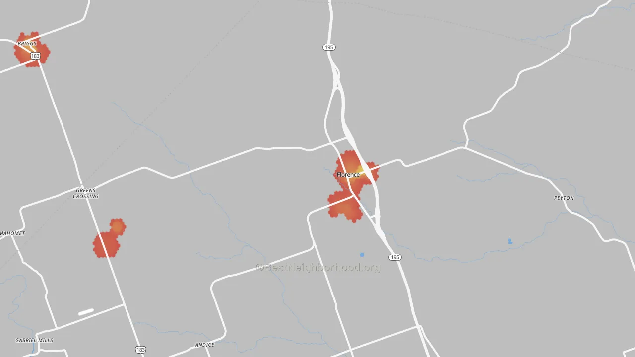 Walk Grade map of 76527, TX, walkable areas in green and car-dependent areas in red