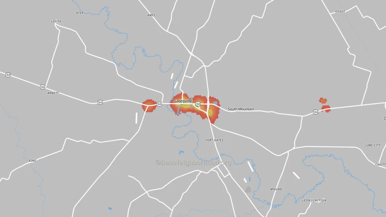 Walk Grade map of 76528, TX, walkable areas in green and car-dependent areas in red