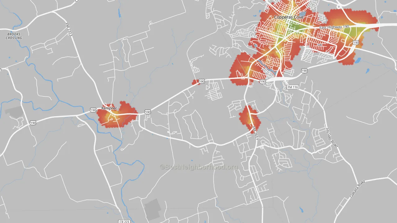 Walk Grade map of 76539, TX, walkable areas in green and car-dependent areas in red