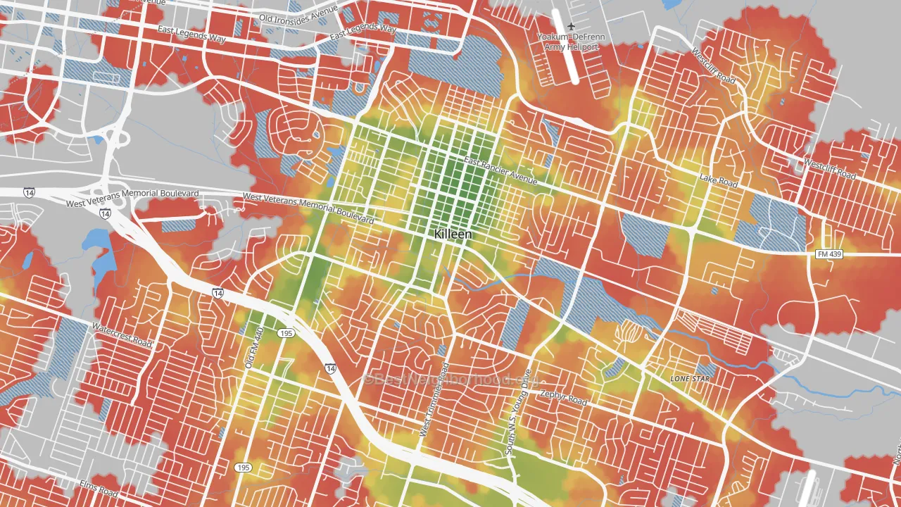 Walk Grade map of 76541, TX, walkable areas in green and car-dependent areas in red