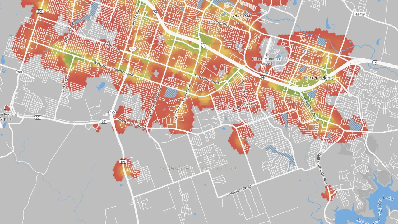 Walk Grade map of 76542, TX, walkable areas in green and car-dependent areas in red