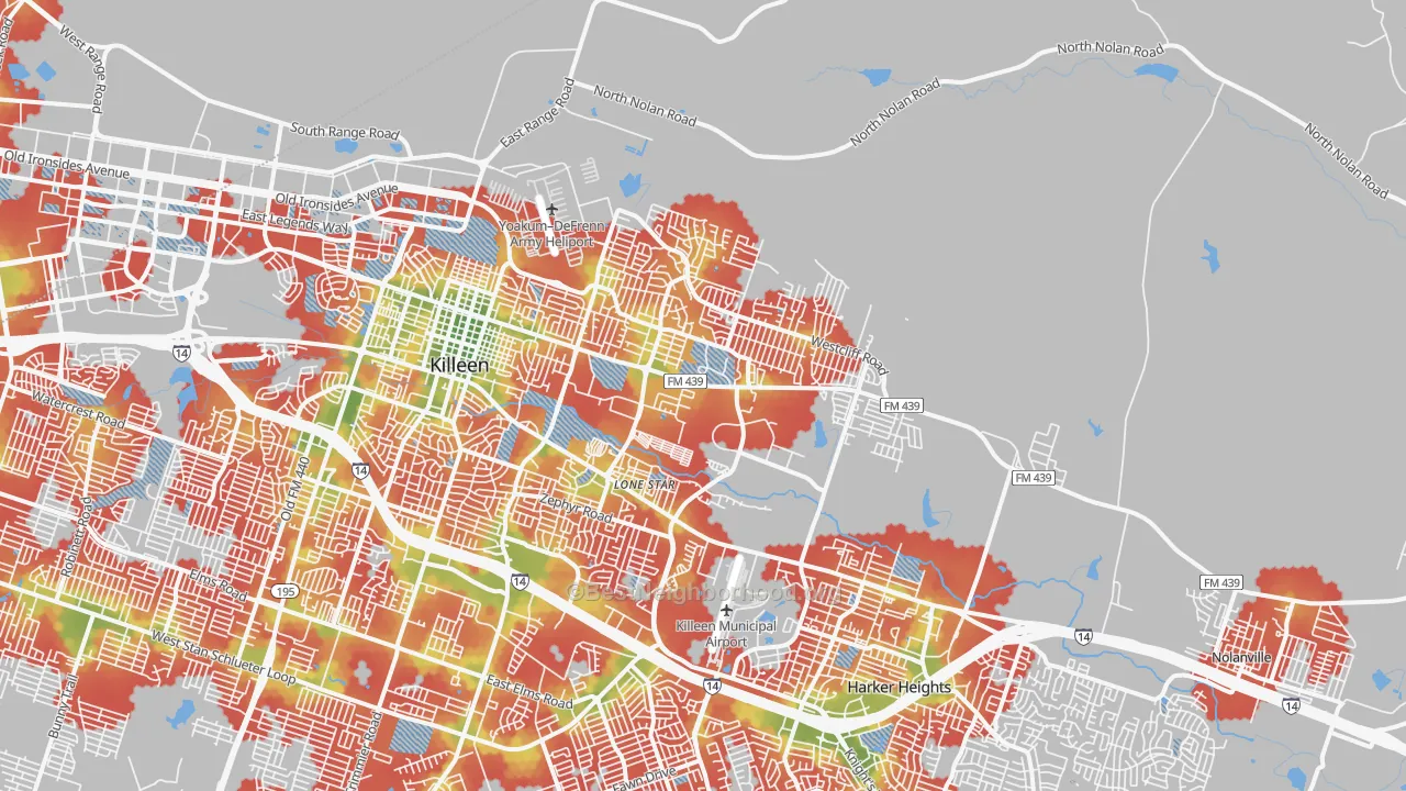 Walk Grade map of 76543, TX, walkable areas in green and car-dependent areas in red