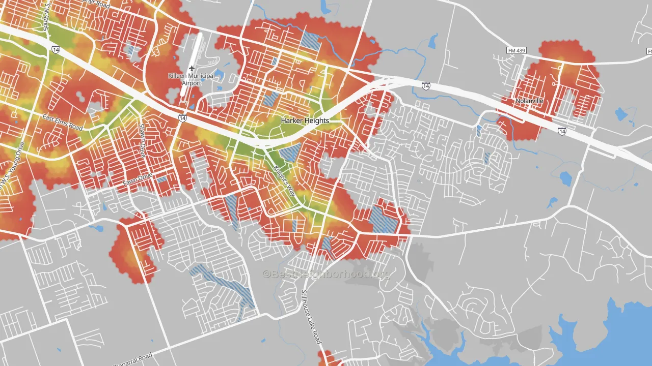 Walk Grade map of 76548, TX, walkable areas in green and car-dependent areas in red