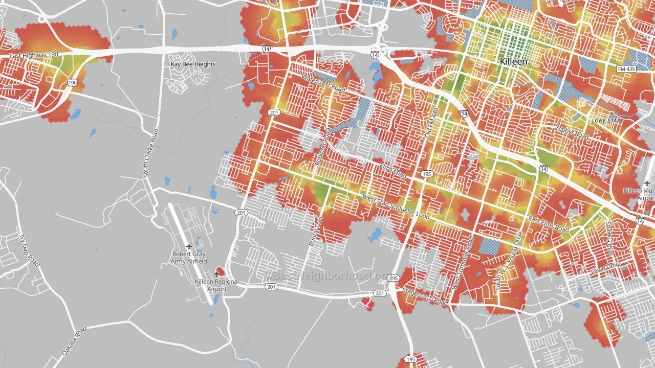 Walk Grade map of 76549, TX, walkable areas in green and car-dependent areas in red