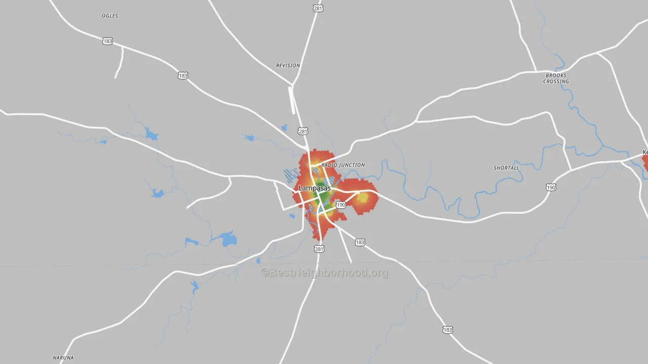 Walk Grade map of 76550, TX, walkable areas in green and car-dependent areas in red