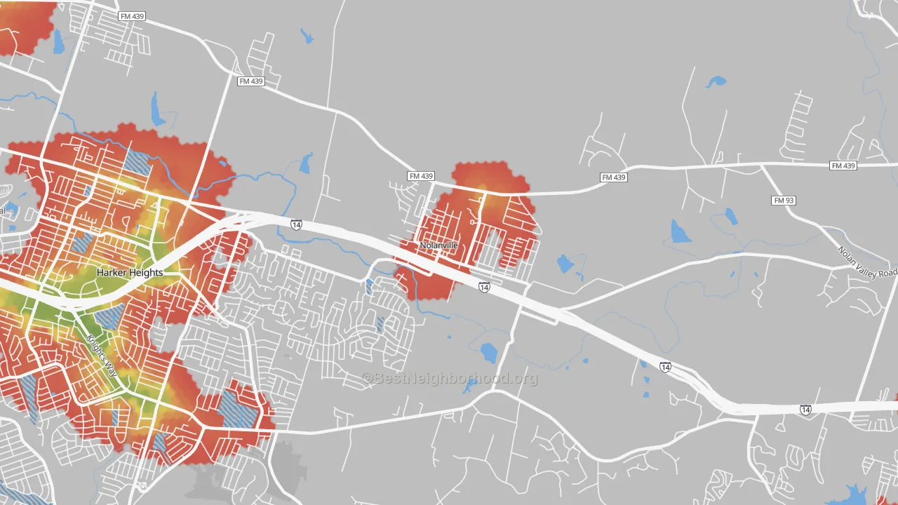 Walk Grade map of 76559, TX, walkable areas in green and car-dependent areas in red