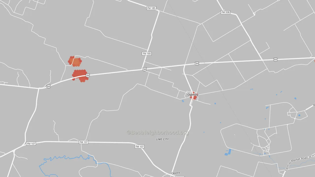 Walk Grade map of 76561, TX, walkable areas in green and car-dependent areas in red