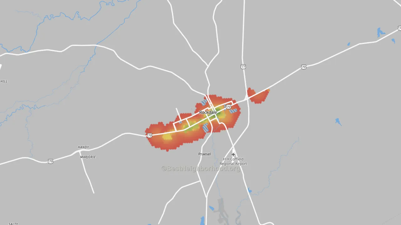 Walk Grade map of 76567, TX, walkable areas in green and car-dependent areas in red