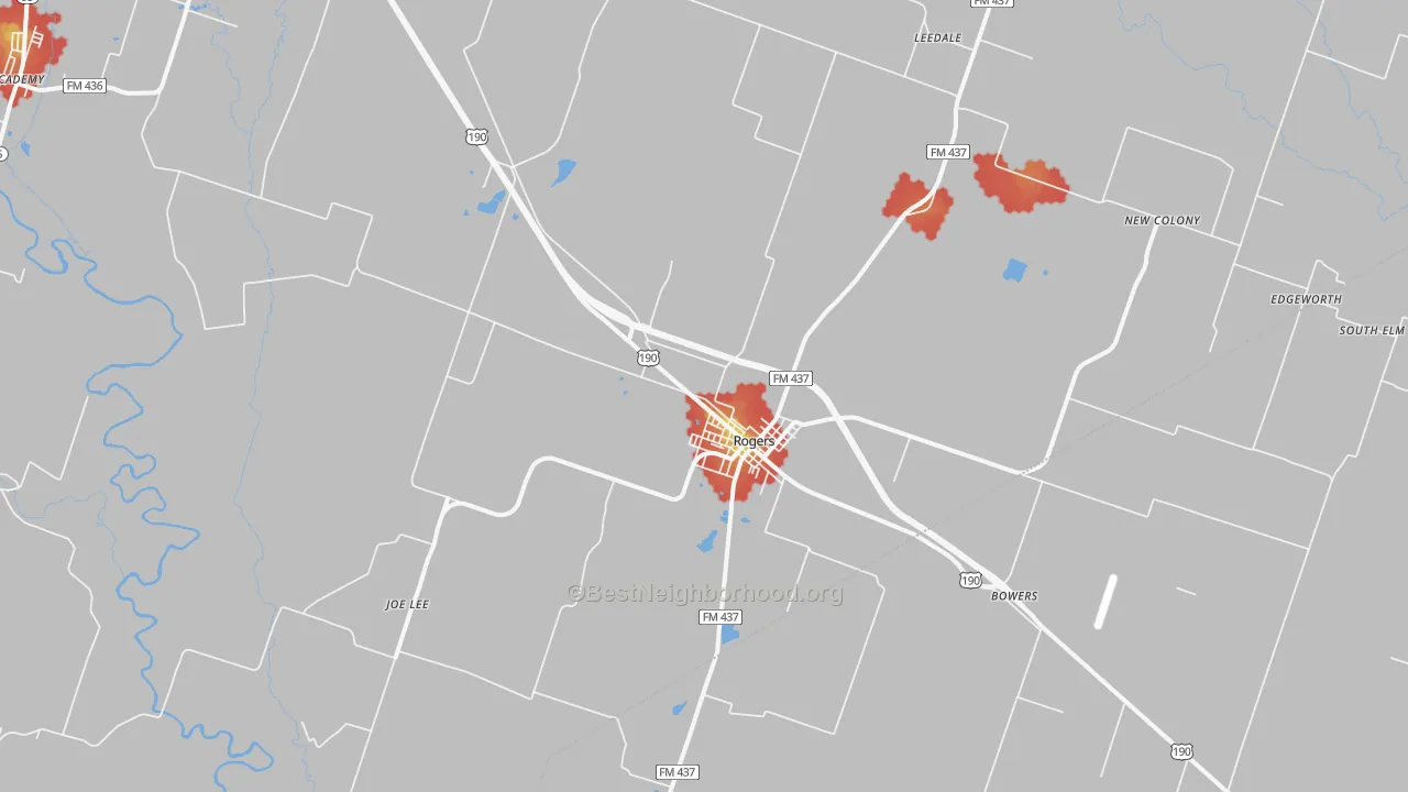 Walk Grade map of 76569, TX, walkable areas in green and car-dependent areas in red