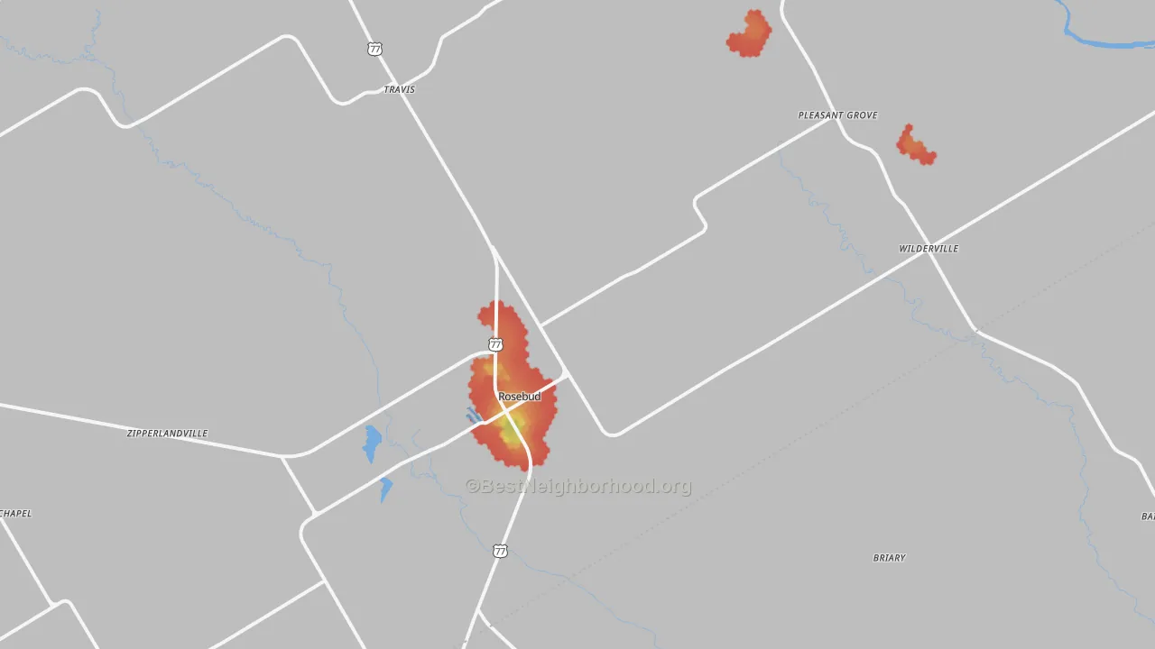 Walk Grade map of 76570, TX, walkable areas in green and car-dependent areas in red